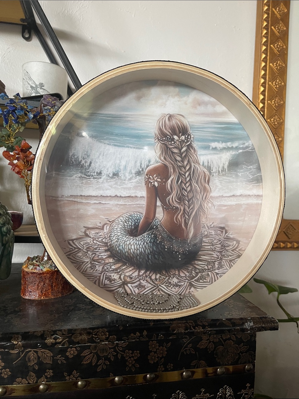 Mermaid Bead Drum - Beach Scene in Teal and Sandy Beige